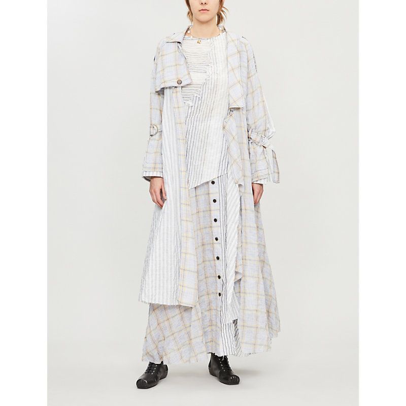 Checked striped cotton-blend trench coat