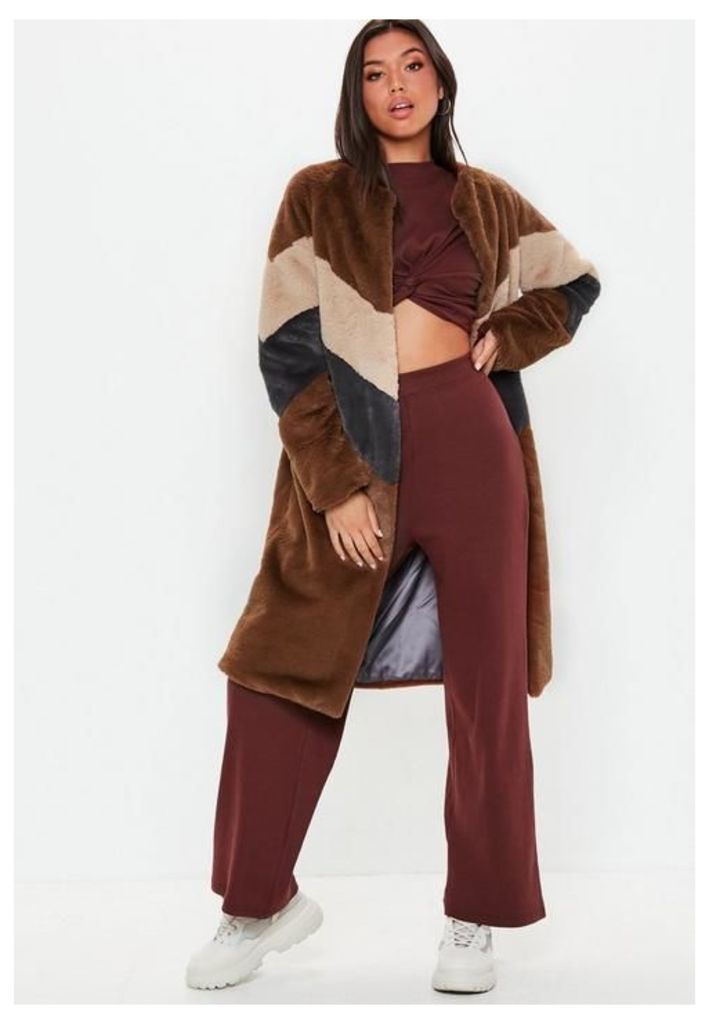 Brown Faux Fur Longline Colour Block Coat, Brown