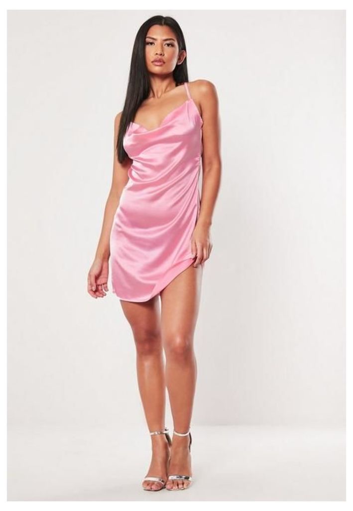 Pink Satin Cowl Neck Mini Dress, Pink