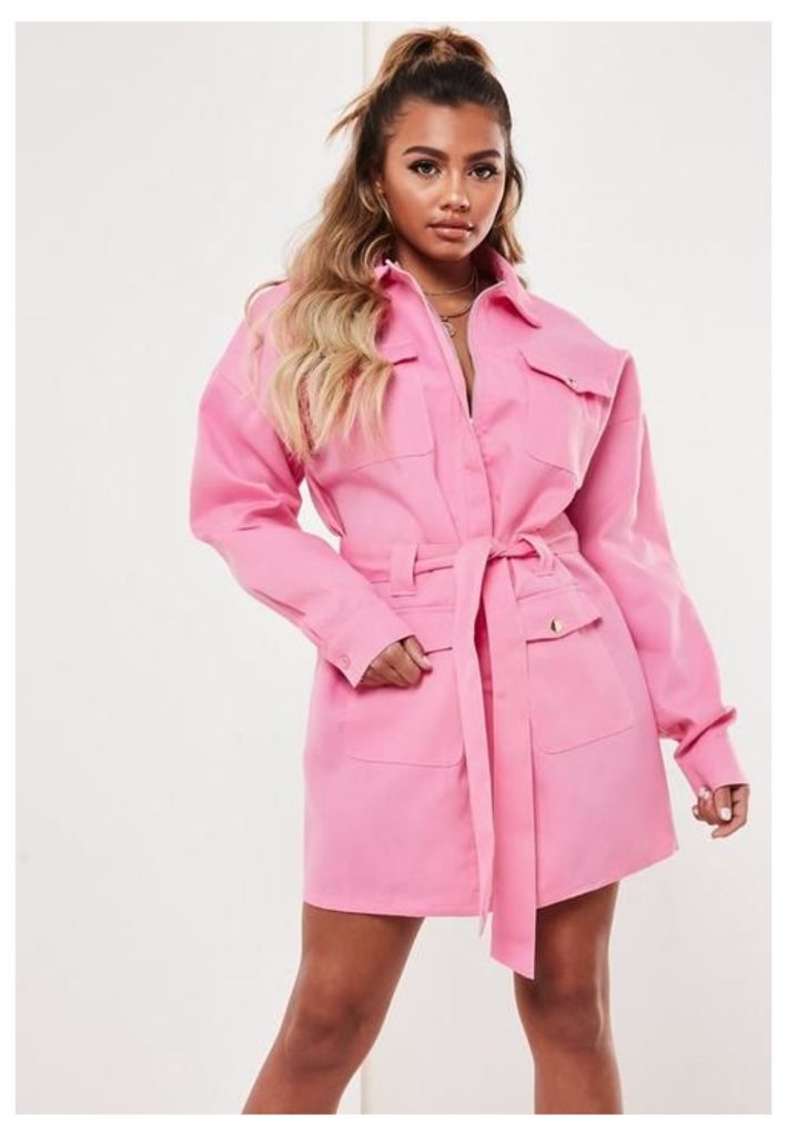 Pink Oversized Utility Shirt Dress, Pink