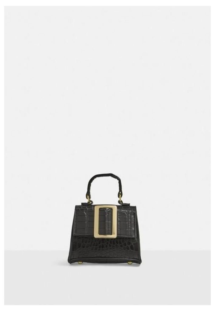 Black Buckle Croc Effect Mini Handbag, Black