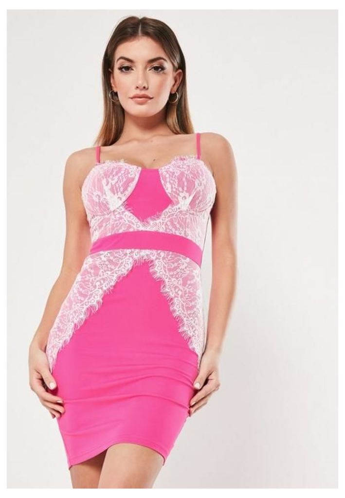 Pink Lace Insert Bodycon Mini Dress, Pink