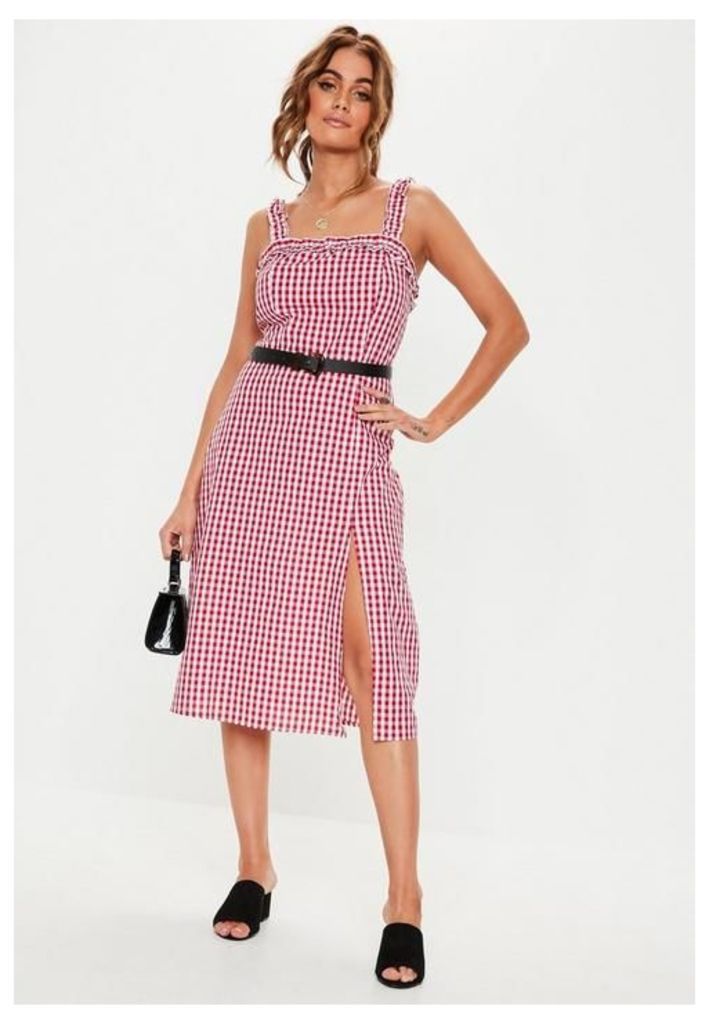 Red Gingham Frill Strap Midi Dress, Red