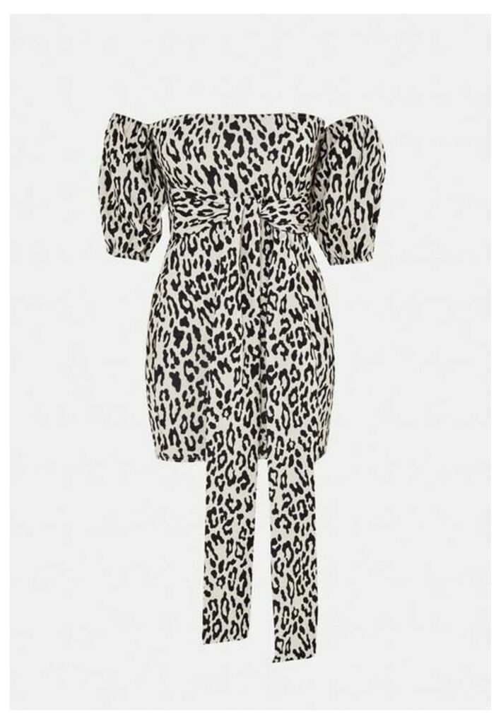 Sand Leopard Print Puff Sleeve Bardot Dress, Camel