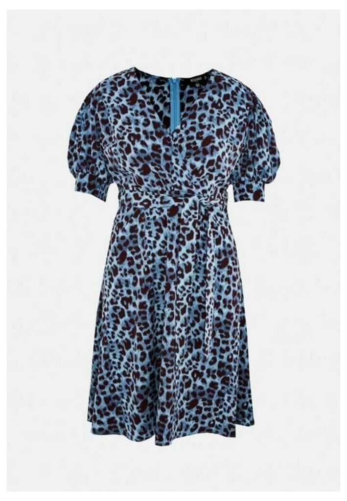 Plus Size Blue Leopard Print Puff Sleeve Wrap Midi Dress, Blue