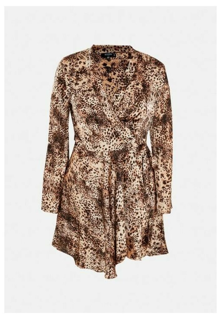 Plus Size Brown Leopard Print Satin Flare Sleeve Mini Dress, Brown