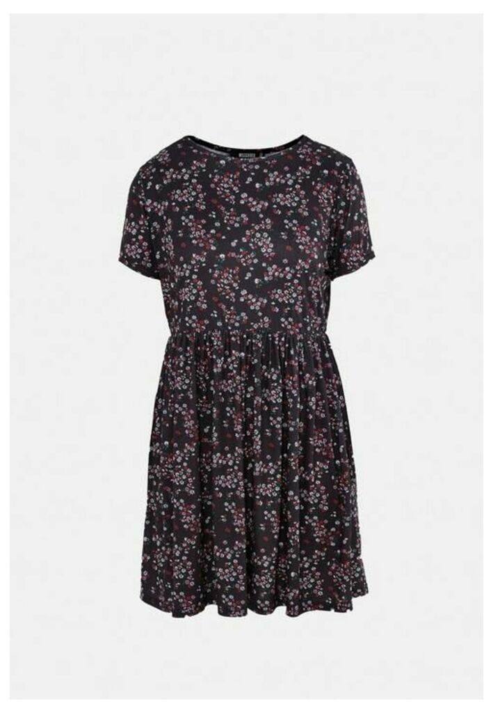 Black Floral Print Jersey Smock Dress, Multi