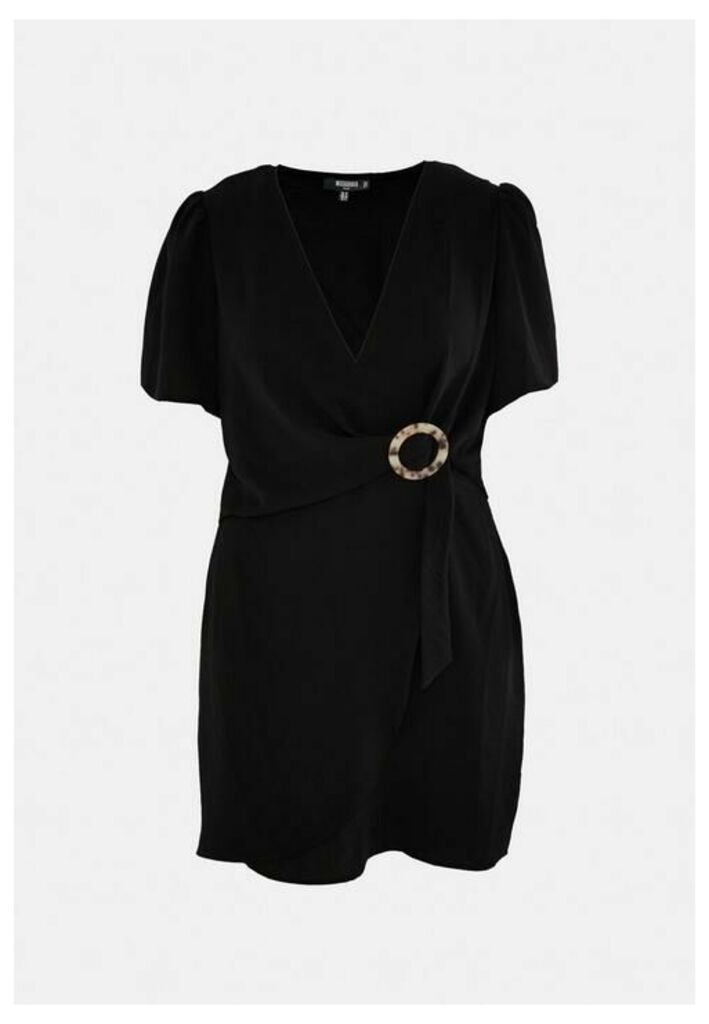 Plus Size Black Kimono Sleeve Buckle Mini Dress, Black