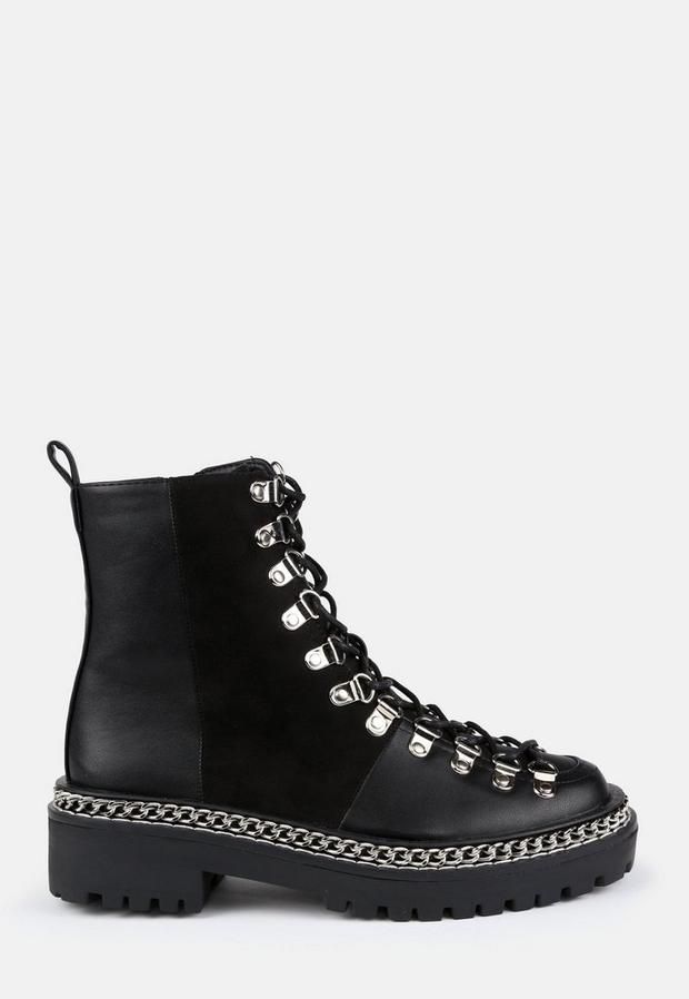 Black Chunky Suede Panel Lace Up Boots, Black