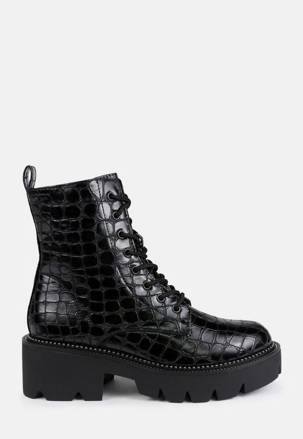 Black Croc Lace Up Ankle Boots, Black