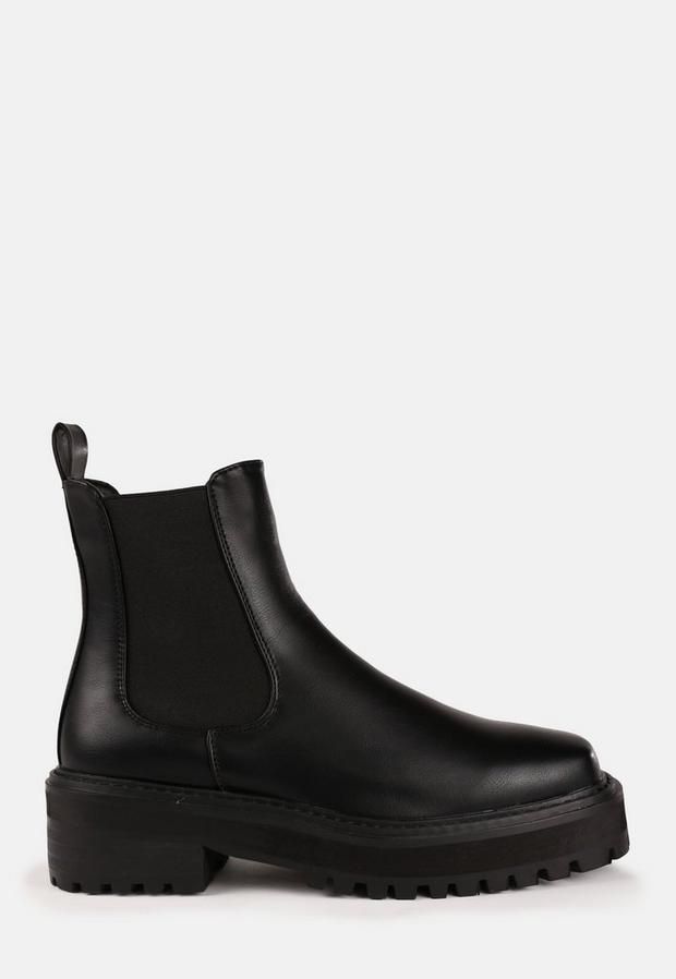 Black Faux Leather Square Toe Ankle Boots, Black