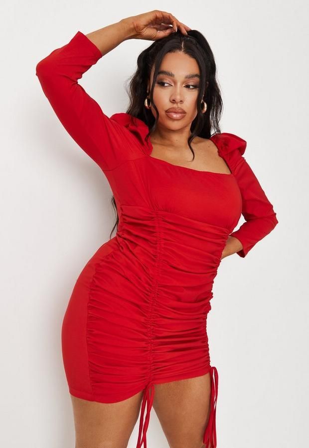 Plus Size Red Puff Sleeve Ruched Mini Dress, Red