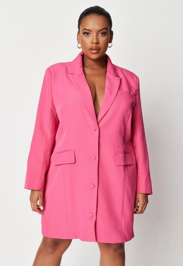 Plus Size Pink Oversized Button Front Blazer Dress, Pink