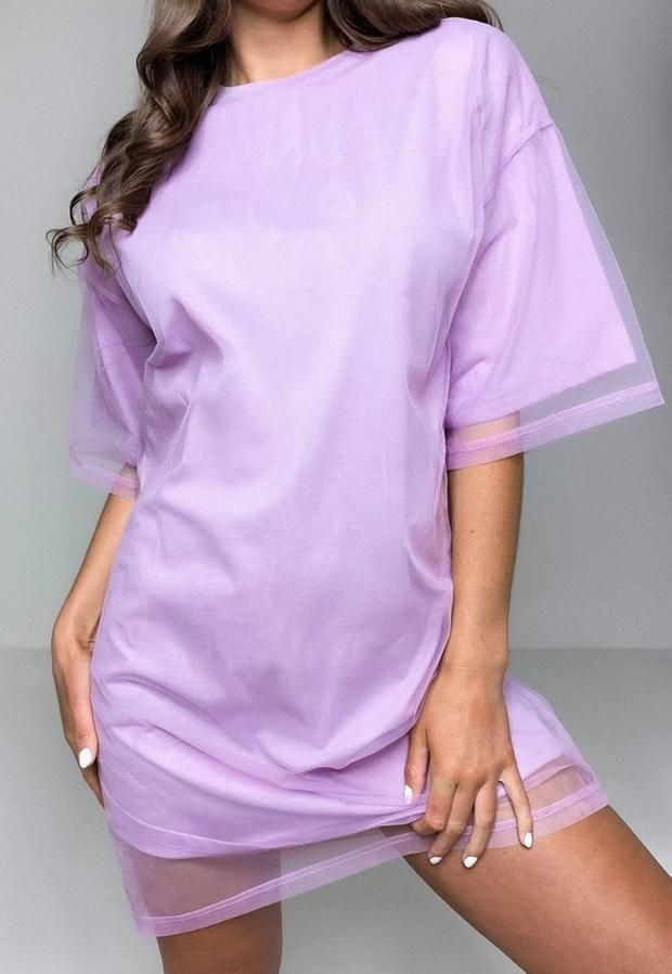 Lilac Mesh Overlay Drop Shoulder T Shirt Dress, Lilac