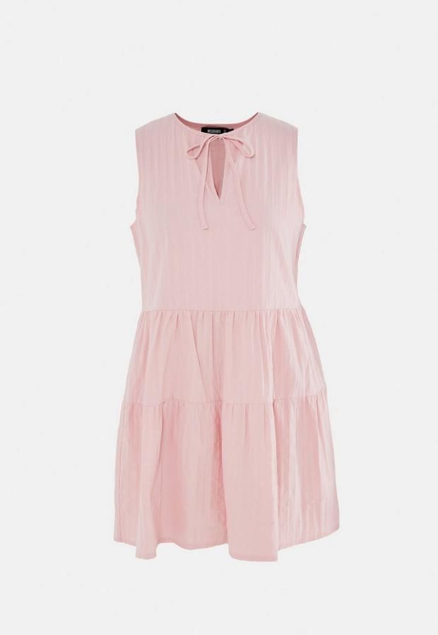 Petite Blush Textured Sleeveless Tiered Smock Dress, Pink