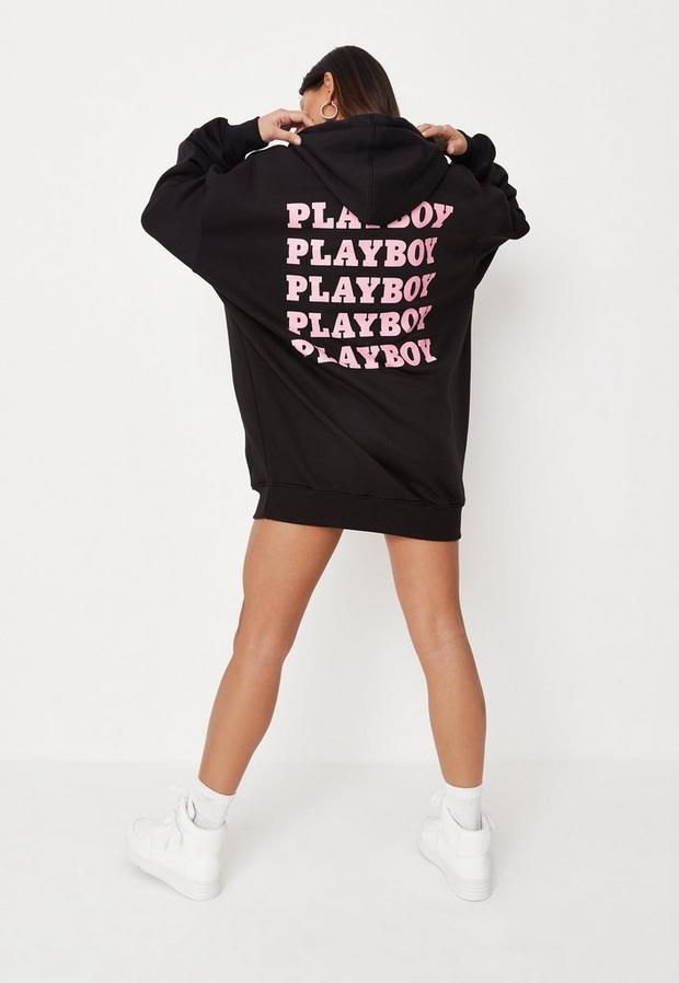 Playboy X Missguided Black Repeat Print Hoodie Sweater Dress, Black