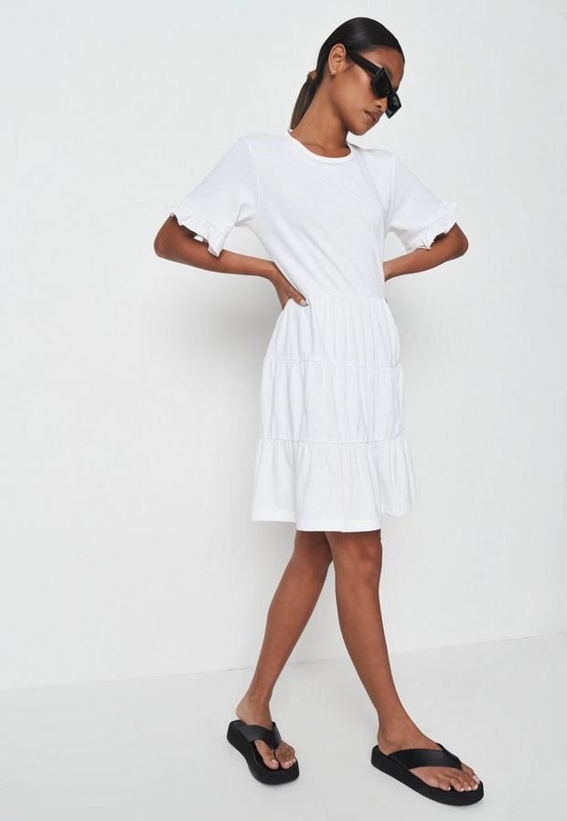 White Frill Sleeve Tiered Smock Dress, White