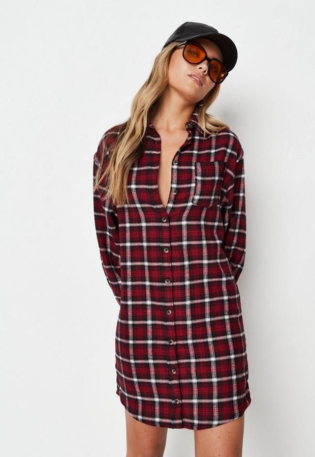 Red Check Oversized Shirt Mini Dress, Red