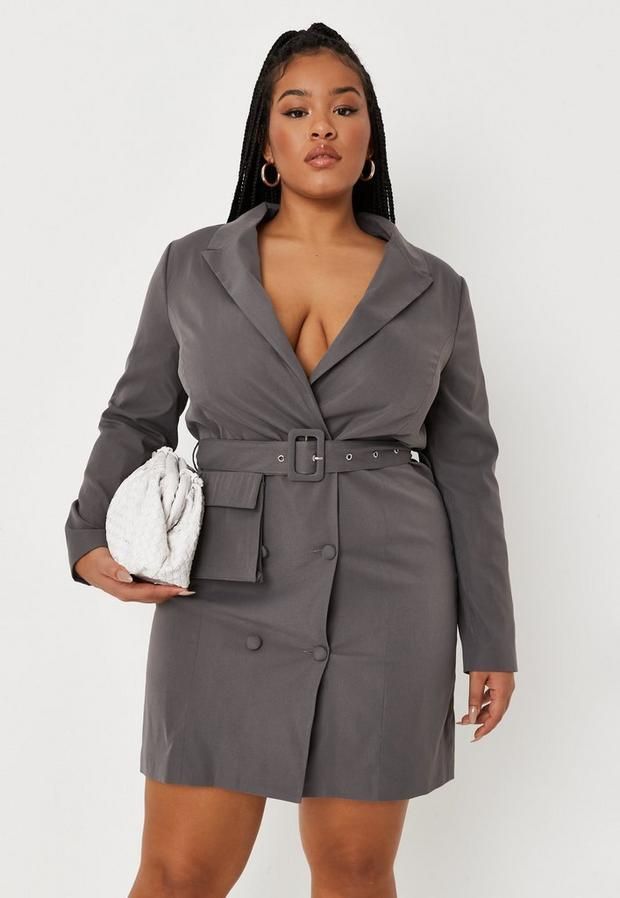 Plus Size Grey Belted Blazer Mini Dress, Grey