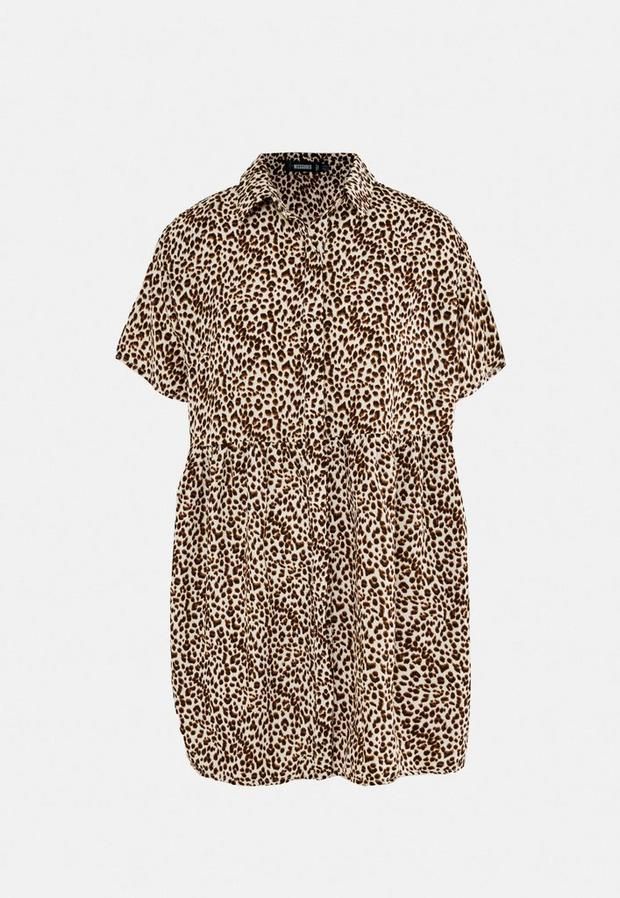 Stone Leopard Print Oversized Shirt Smock Dress, Stone