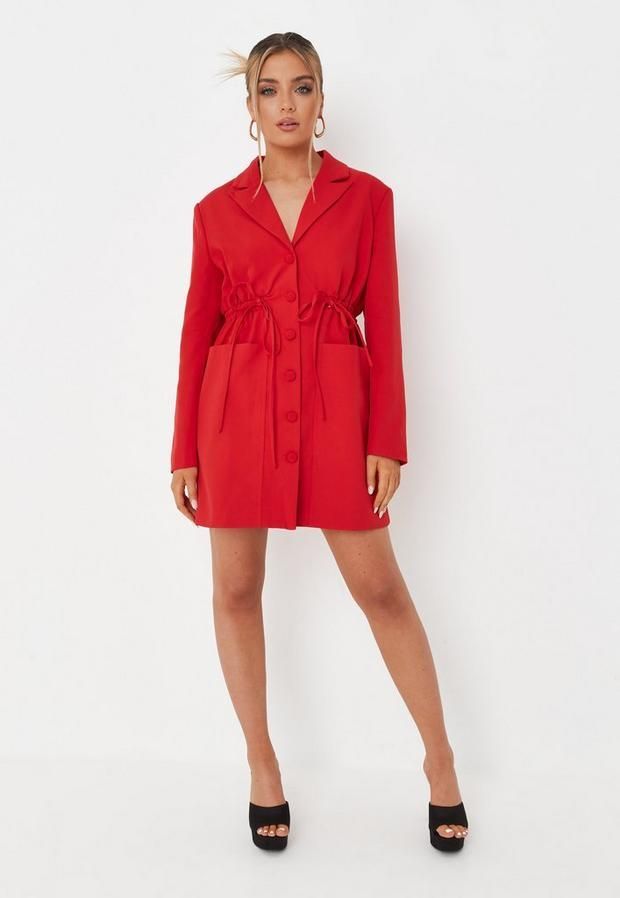 Red Drawcord Waist Blazer Mini Dress, Red