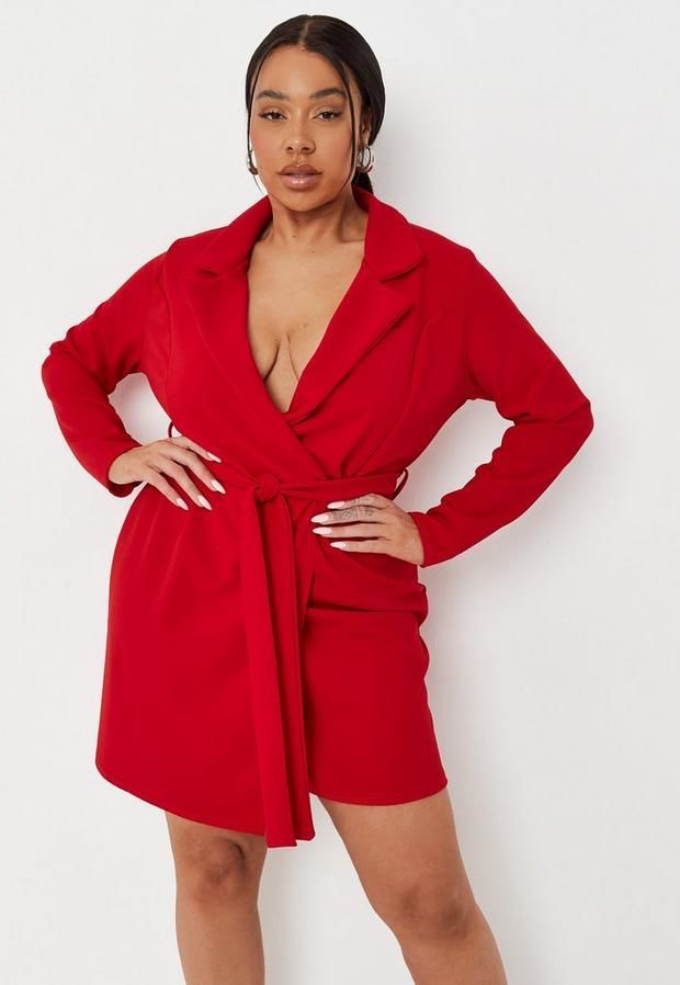 Plus Size Red Basic Belted Blazer Dress, Red