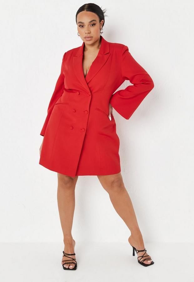 Plus Size Red Double Breasted Oversized Blazer Dress, Red