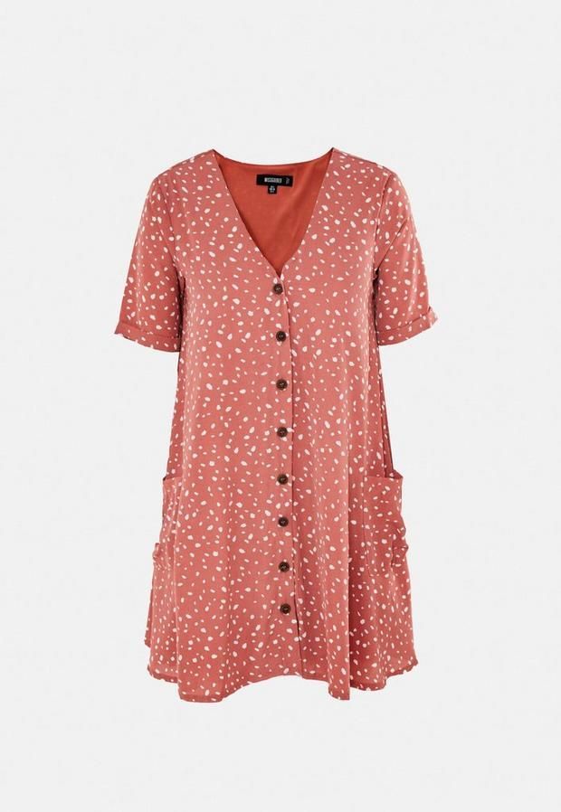 Blush Dalmatian Print Pocket Button Smock Dress, Pink