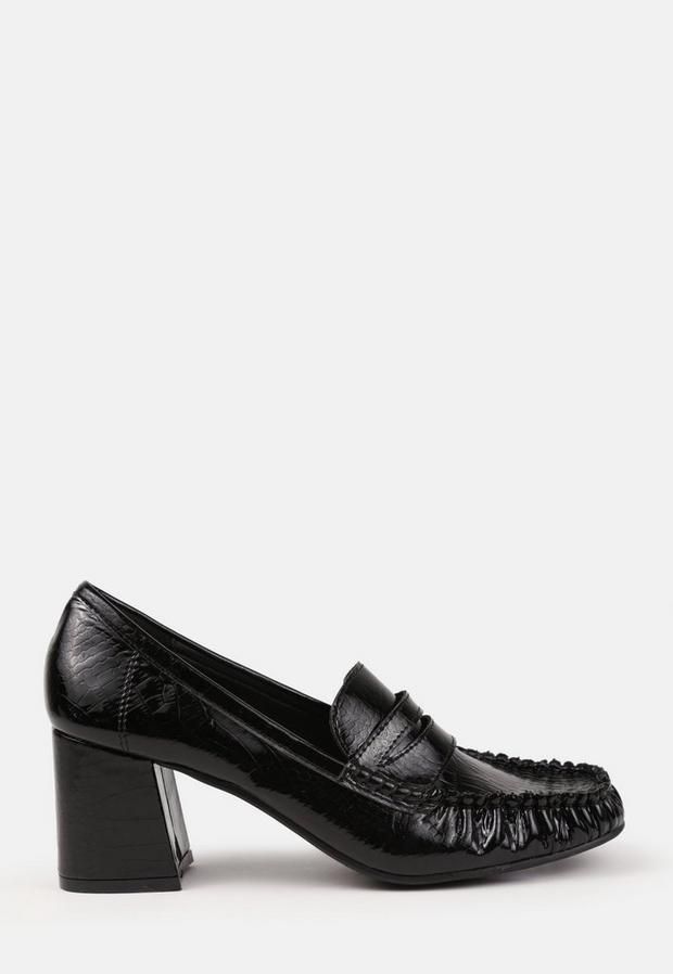 Black Patent Mock Croc Heeled Loafers, Black