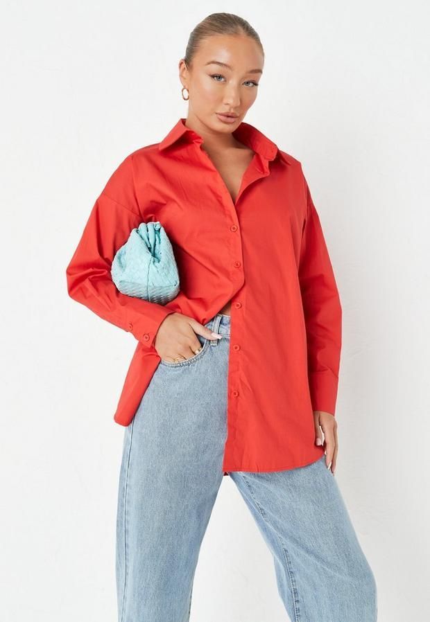 Red Poplin Extreme Oversized Shirt, Red