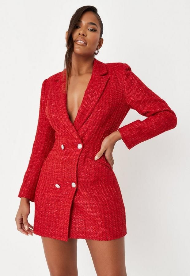 Red Sparkle Boucle Fitted Blazer Mini Dress, Red