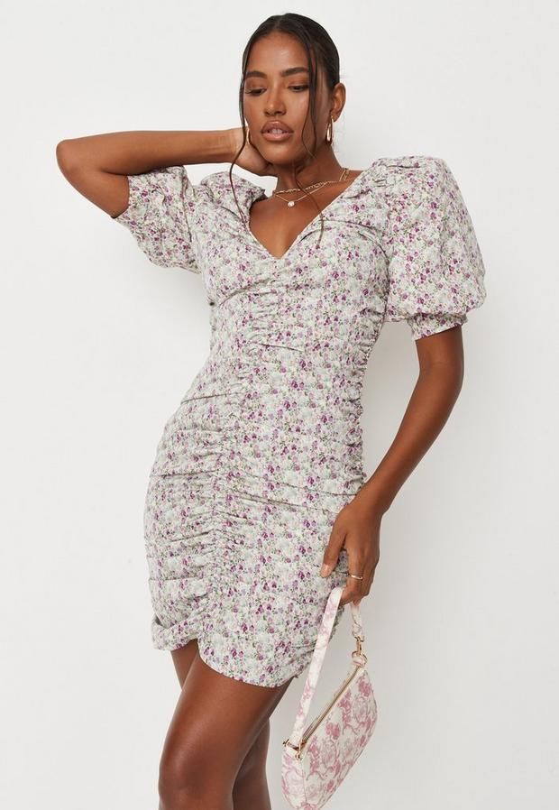 Pink Floral Print Puff Sleeve Ruched Front Dress, Pink