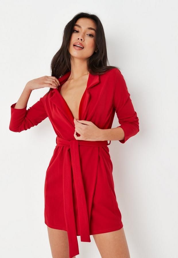 Red Jersey Belted Blazer Dress, Red
