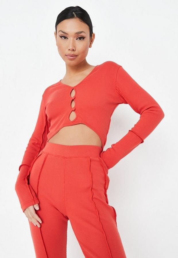 Red Co Ord Rib Exposed Seam Cardigan, Red