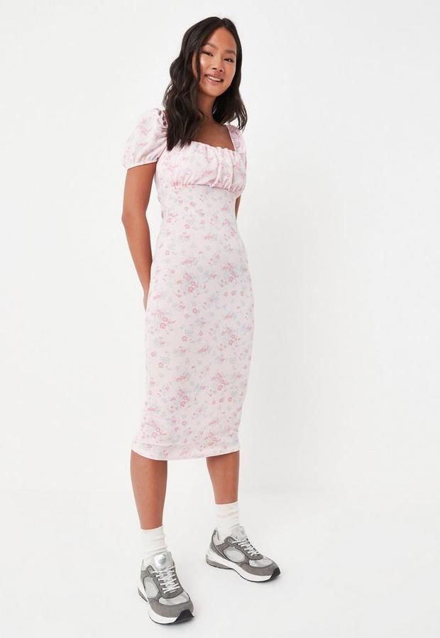 Pink Ditsy Floral Print Ruched Bust Milkmaid Midi Dress, Pink