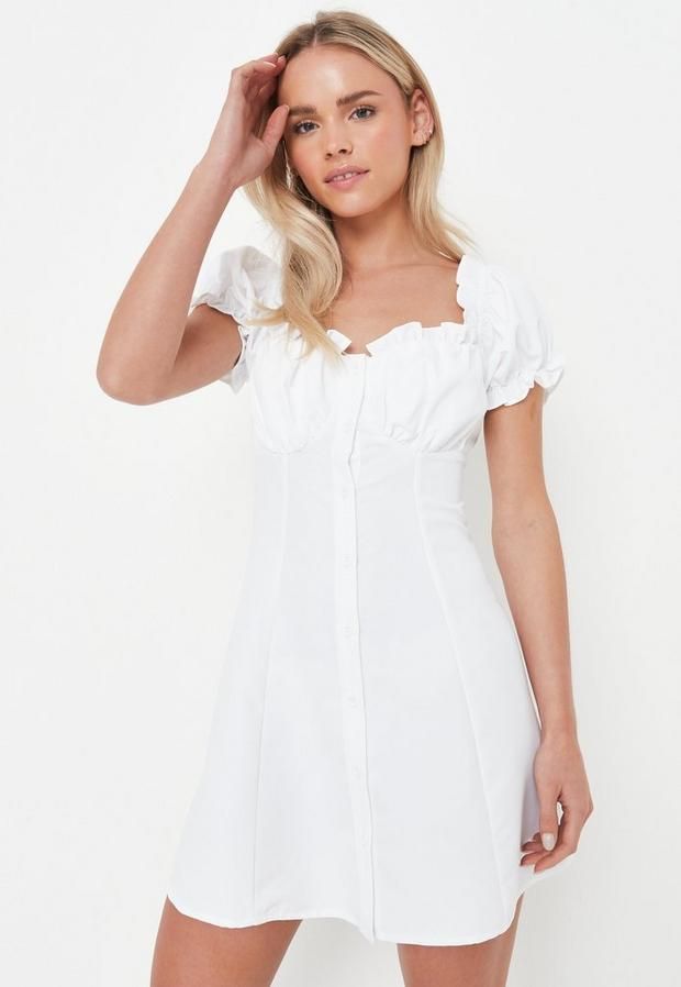 Petite White Linen Look Milkmaid Button Through Dress, White