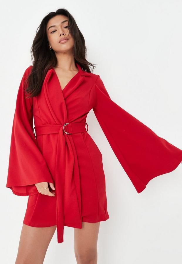 Red Jersey Flared Sleeve D Ring Blazer Dress, Red