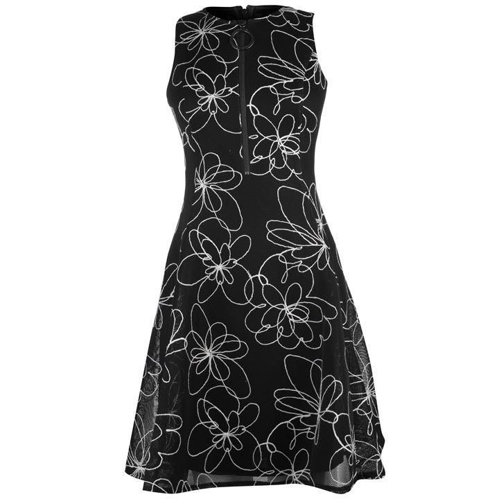DKNY Fit Flare Zip Detail Dress - Black/Ivory