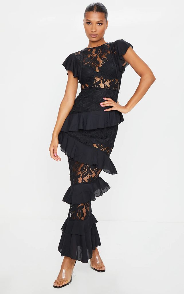 Black Lace Ruffle Detail Maxi Dress, Black