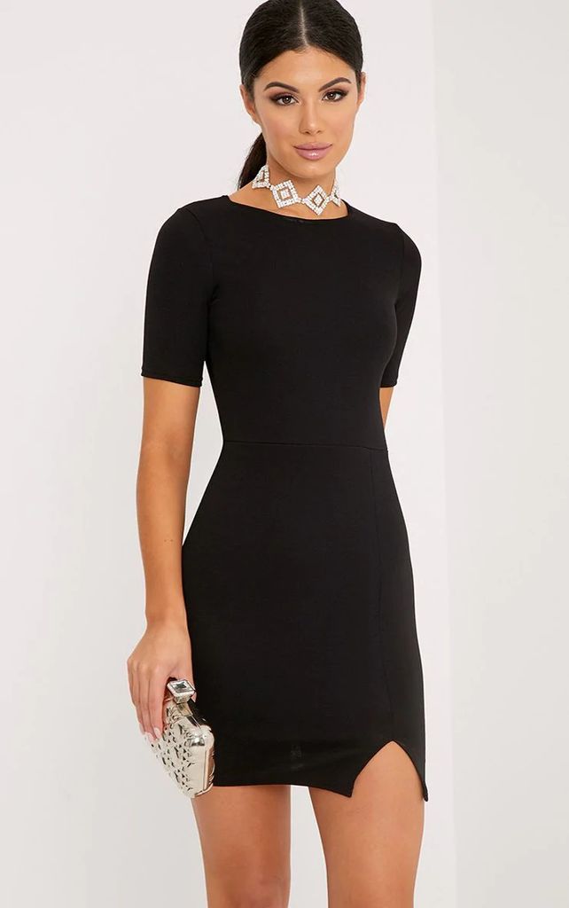 Freya Black Split Detail Capped Sleeve Bodycon Dress, Black