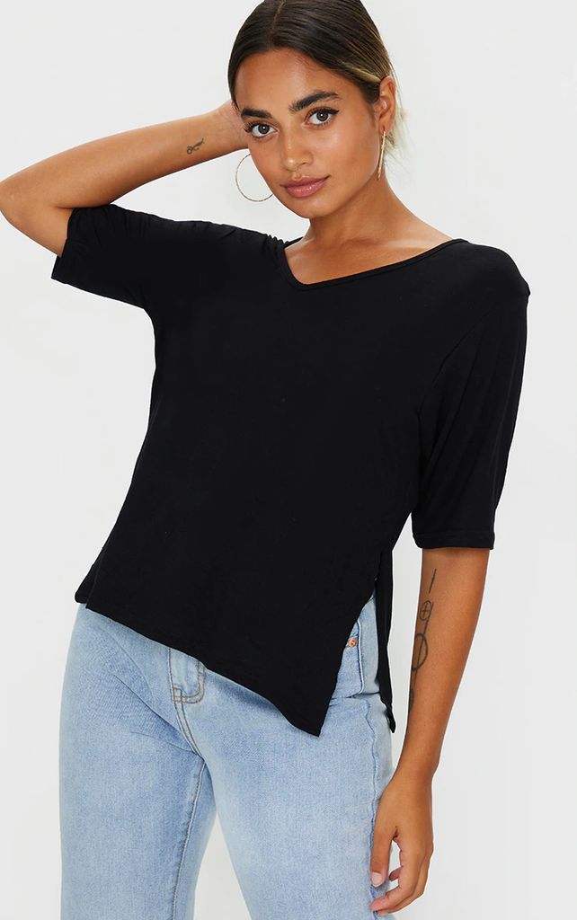 Petite Black V Neck Side Split T-Shirt, Black