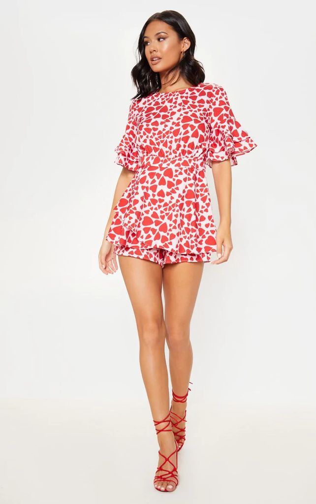 Pink Heart Print Frill Sleeve Tie Back Playsuit, Pink