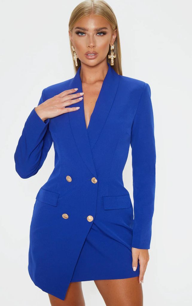 Blue Gold Button Blazer Dress, Blue