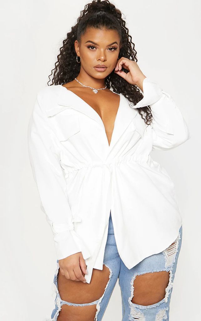 Plus White Faux Suede Cargo Ruched Waist Shirt, White