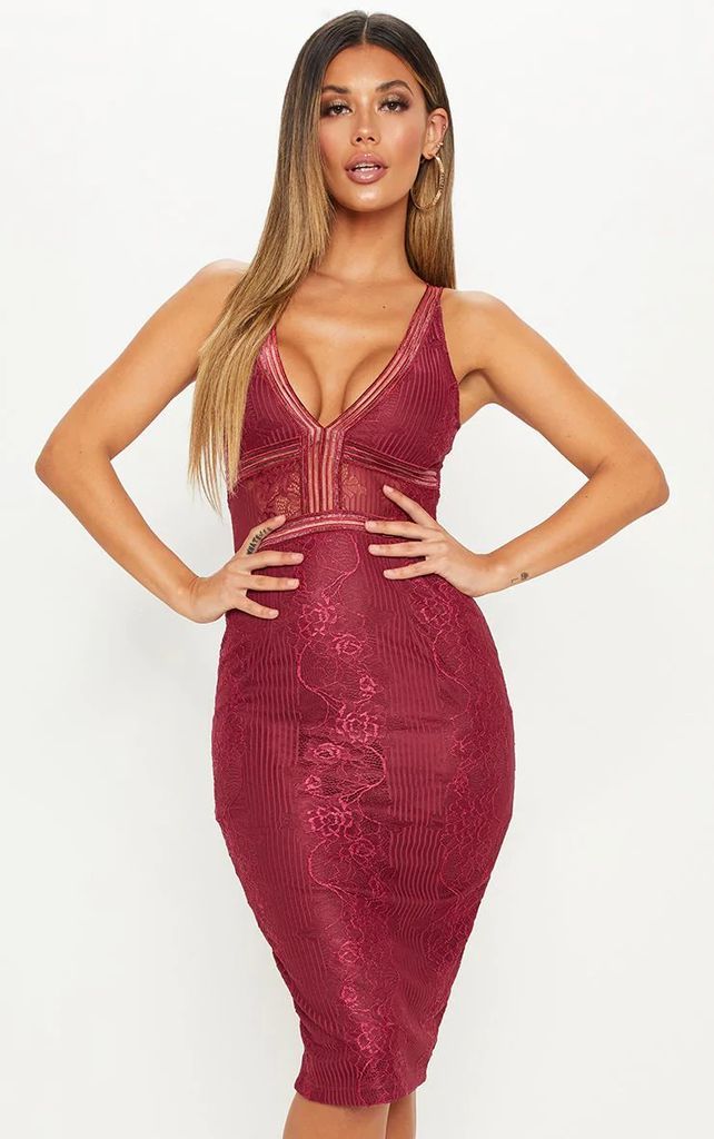 Burgundy Plunge Lace Open Back Midi Dress, Red