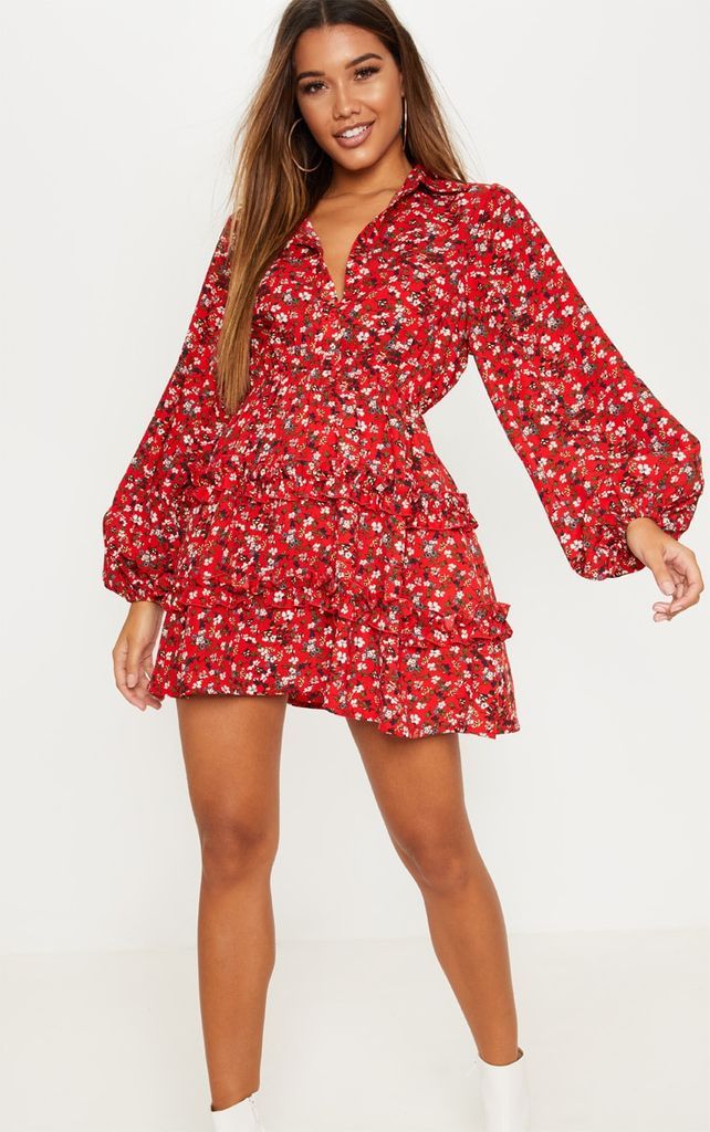 Red Floral Printed Frill Skater Shirt Dress, Red