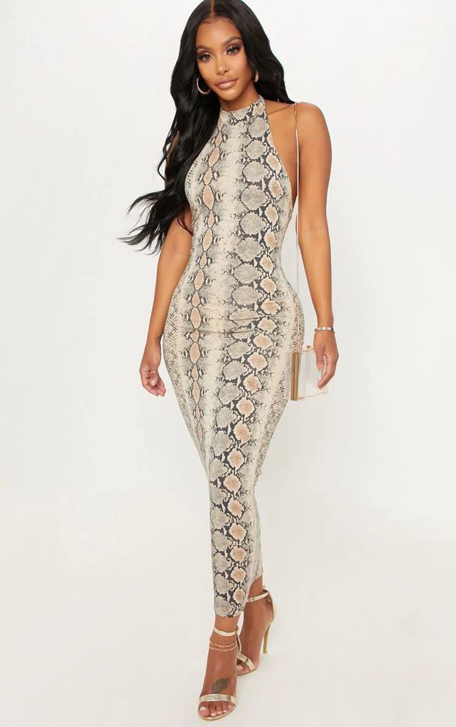 Shape Taupe Snake Print Halterneck Midaxi Dress, Brown