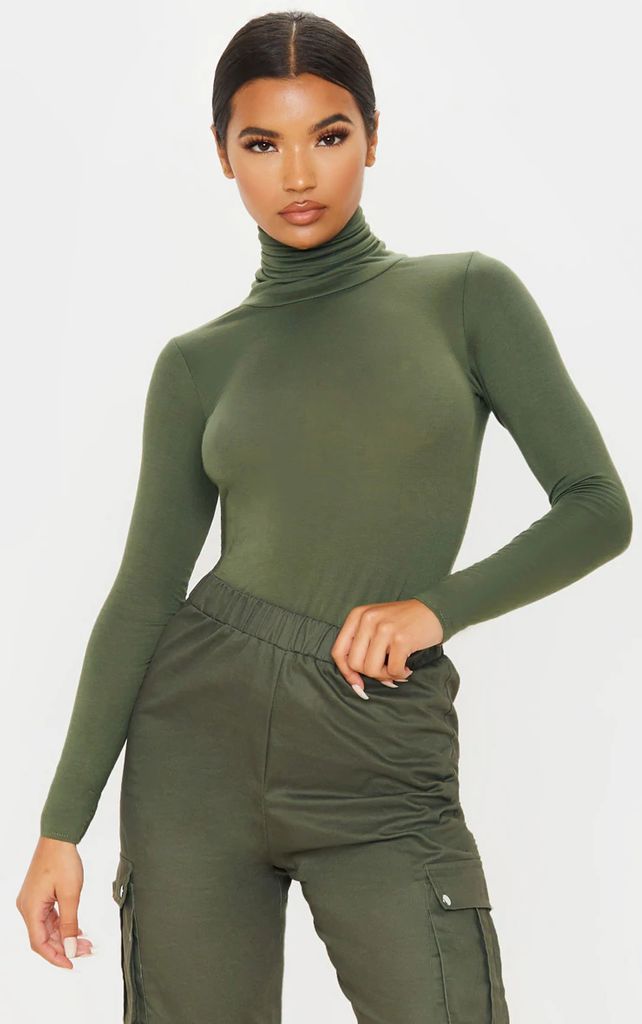 Basic Khaki Long Sleeve Roll Neck Top, Green