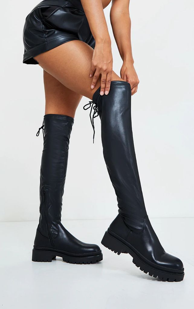 Black PU Over The Knee Chunky Boots
