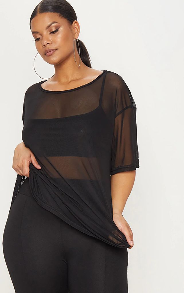 Plus Black Sheer Mesh Oversized T-Shirt, Black